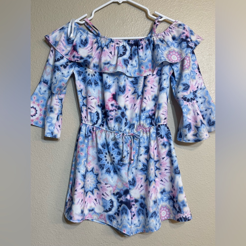Off-Shoulder Kids Romper  - Blue and Pink Girls medium 10/12